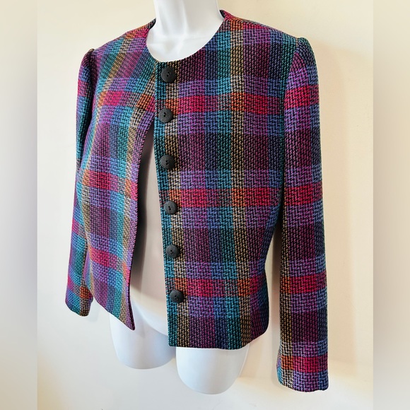 Vintage Wool Colorful Plaid Crop Style Blazer By Doncaster Size 6 - Picture 5 of 7